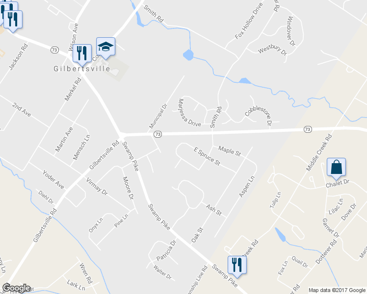 map of restaurants, bars, coffee shops, grocery stores, and more near 215 East Spruce Street in Gilbertsville