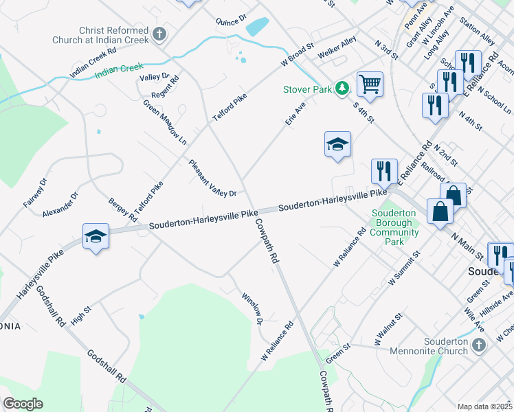 map of restaurants, bars, coffee shops, grocery stores, and more near 197 Harleysville Pike in Souderton