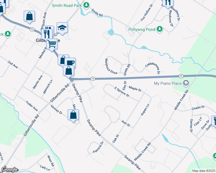 map of restaurants, bars, coffee shops, grocery stores, and more near 215 East Spruce Street in Gilbertsville