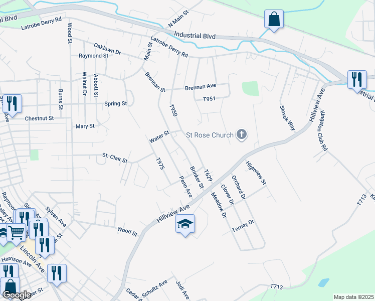 map of restaurants, bars, coffee shops, grocery stores, and more near 149 Brinker Street in Latrobe