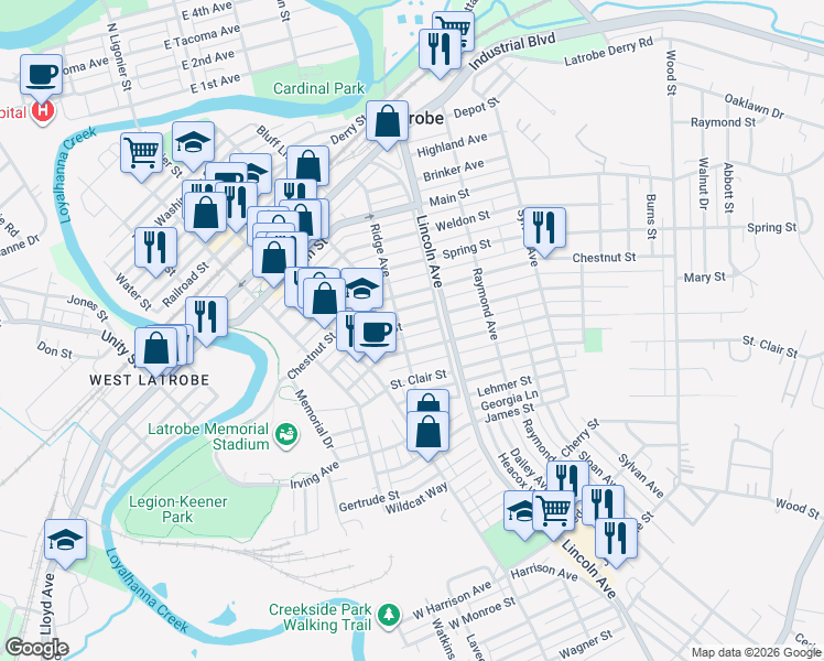 map of restaurants, bars, coffee shops, grocery stores, and more near 1216 Ridge Avenue in Latrobe
