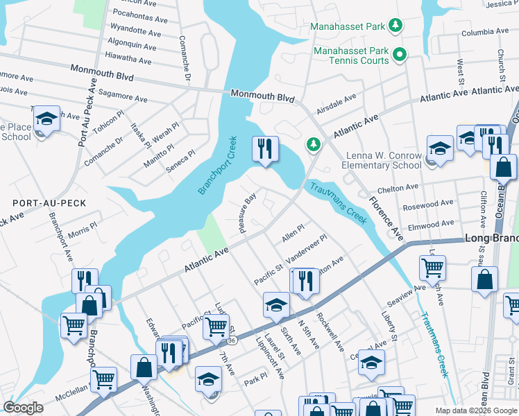 map of restaurants, bars, coffee shops, grocery stores, and more near 245 Atlantic Avenue in Long Branch