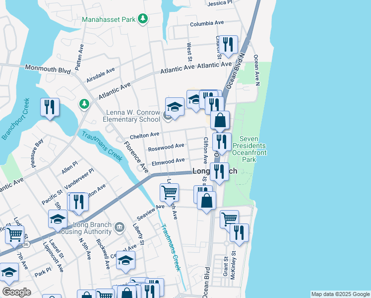 map of restaurants, bars, coffee shops, grocery stores, and more near 119 Rosewood Avenue in Long Branch