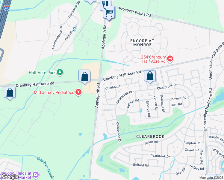 map of restaurants, bars, coffee shops, grocery stores, and more near 118A Ironwood Plaza in Monroe Township