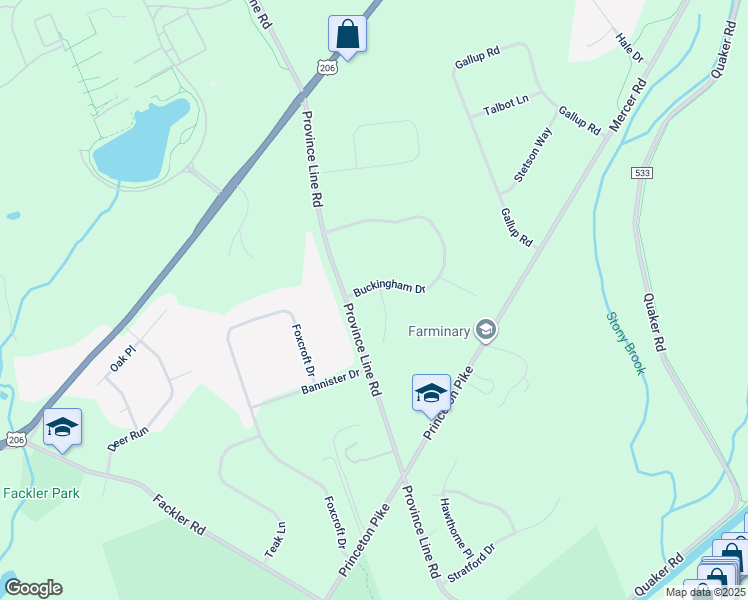 map of restaurants, bars, coffee shops, grocery stores, and more near 28 Buckingham Drive in Princeton
