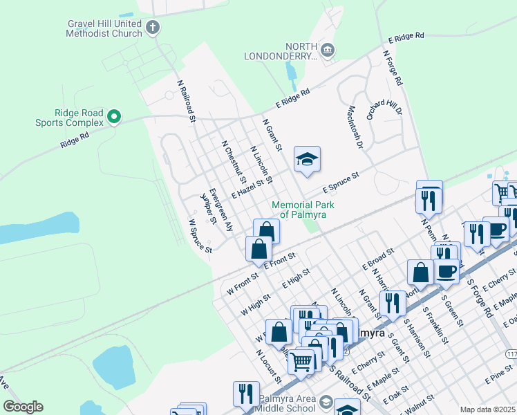 map of restaurants, bars, coffee shops, grocery stores, and more near 551 North Chestnut Street in Palmyra