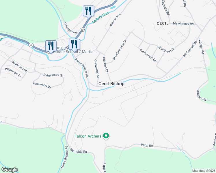 map of restaurants, bars, coffee shops, grocery stores, and more near in Cecil-Bishop