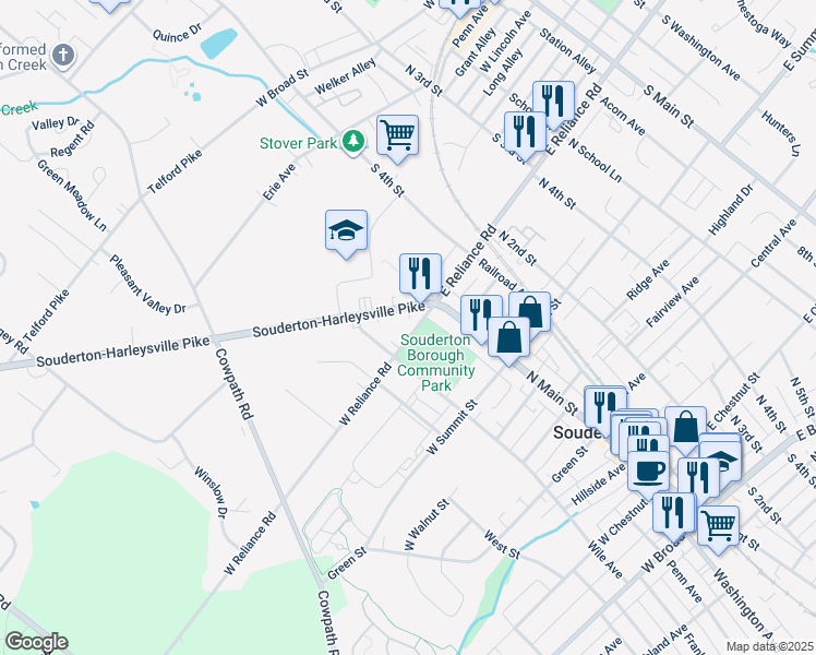 map of restaurants, bars, coffee shops, grocery stores, and more near 41 West Reliance Road in Souderton