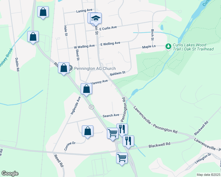 map of restaurants, bars, coffee shops, grocery stores, and more near 2631 Pennington Road in Pennington
