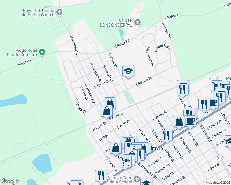 map of restaurants, bars, coffee shops, grocery stores, and more near 507 North Lincoln Street in Palmyra