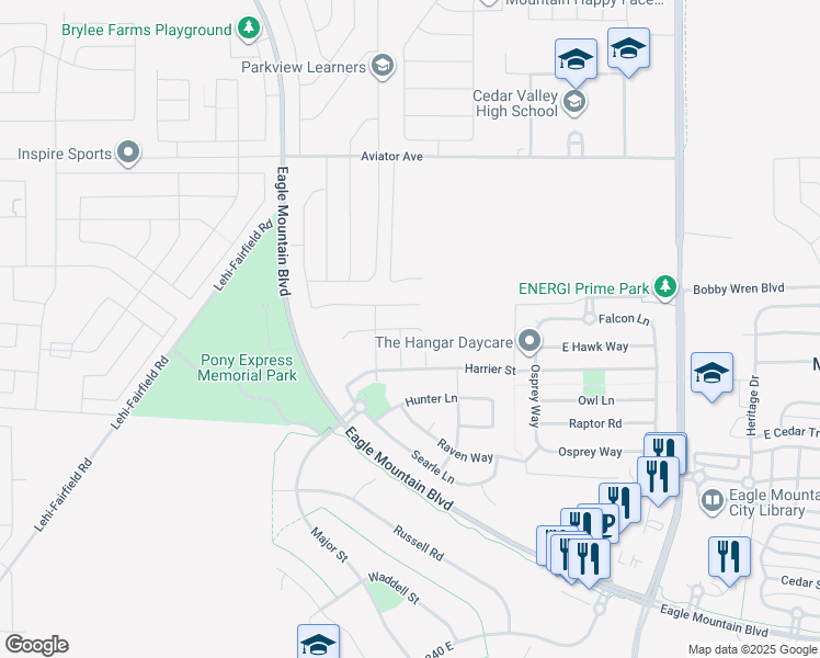 map of restaurants, bars, coffee shops, grocery stores, and more near 1170 Blackfeet Drive in Eagle Mountain