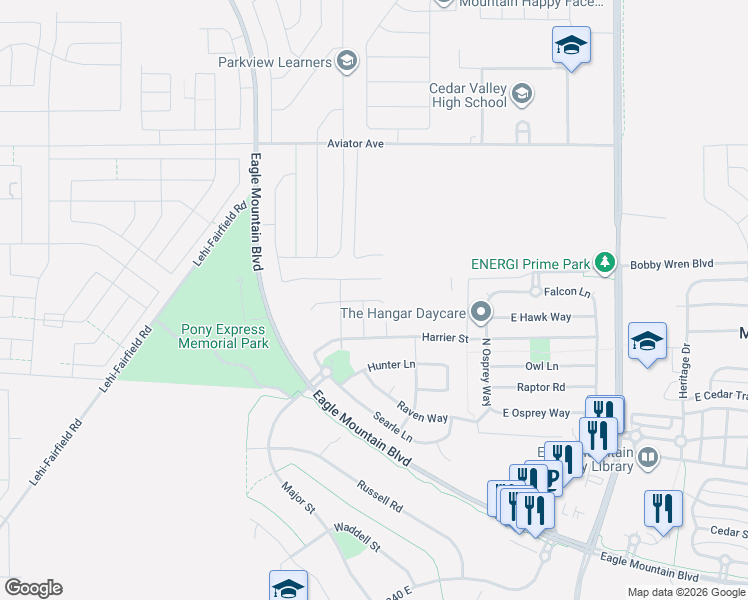 map of restaurants, bars, coffee shops, grocery stores, and more near 517 Blackfeet Drive in Eagle Mountain