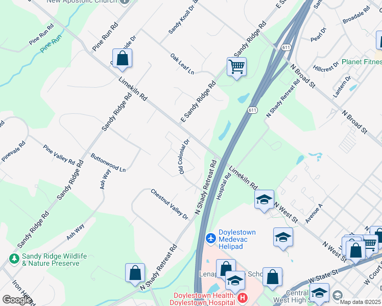 map of restaurants, bars, coffee shops, grocery stores, and more near 20 Gatehouse Lane in Doylestown