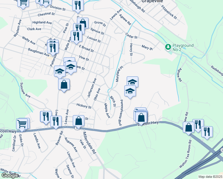 map of restaurants, bars, coffee shops, grocery stores, and more near 1000 Maryland Avenue in Jeannette