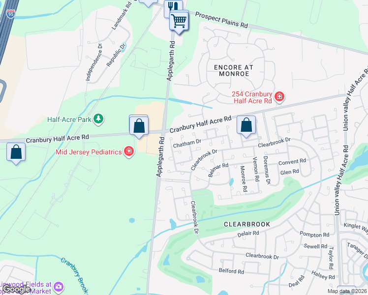 map of restaurants, bars, coffee shops, grocery stores, and more near 118A Ironwood Plaza in Monroe Township