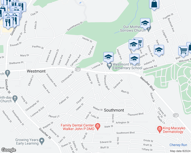 map of restaurants, bars, coffee shops, grocery stores, and more near 451 Orchard Street in Johnstown