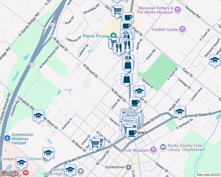 map of restaurants, bars, coffee shops, grocery stores, and more near 53 Doyle Street in Doylestown