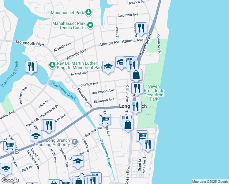 map of restaurants, bars, coffee shops, grocery stores, and more near 119 Rosewood Avenue in Long Branch