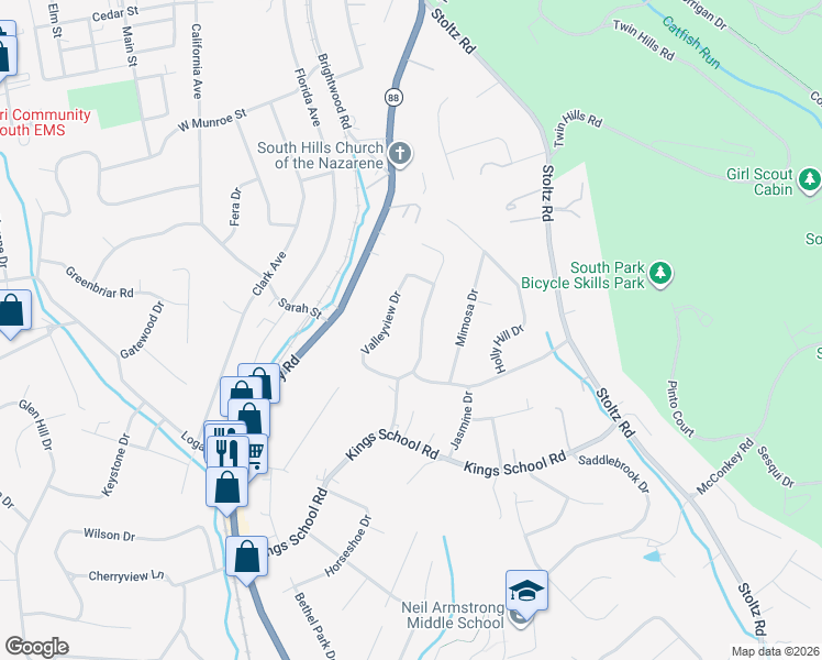 map of restaurants, bars, coffee shops, grocery stores, and more near 5659 Valleyview Drive in Bethel Park