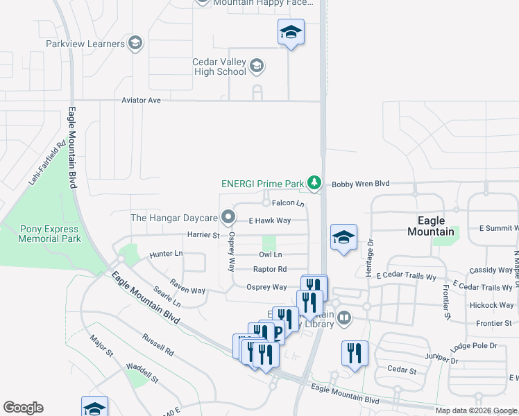 map of restaurants, bars, coffee shops, grocery stores, and more near 1374 Falcon Lane in Eagle Mountain
