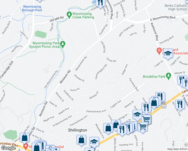 map of restaurants, bars, coffee shops, grocery stores, and more near 29 Hummingbird Road in Wyomissing