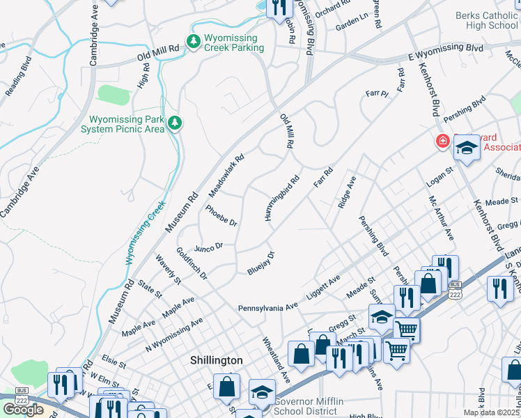 map of restaurants, bars, coffee shops, grocery stores, and more near 29 Hummingbird Road in Wyomissing