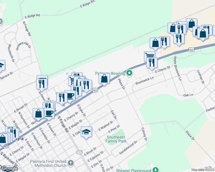 map of restaurants, bars, coffee shops, grocery stores, and more near 1036 East Main Street in Palmyra