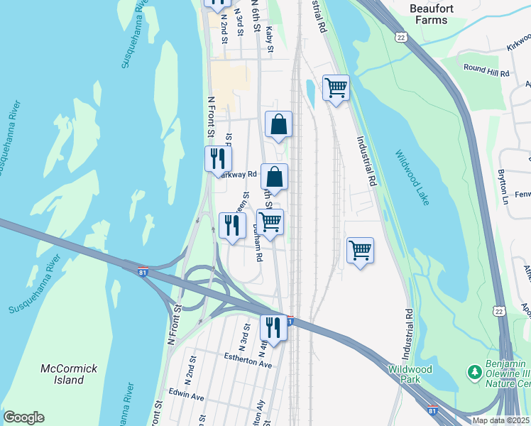 map of restaurants, bars, coffee shops, grocery stores, and more near 3936 North 6th Street in Harrisburg
