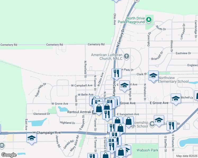 map of restaurants, bars, coffee shops, grocery stores, and more near 411 North Ohio Avenue in Rantoul