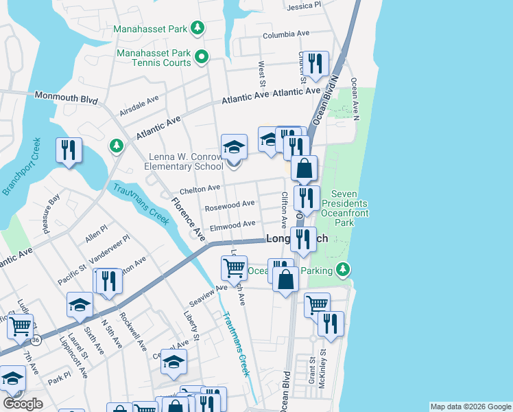 map of restaurants, bars, coffee shops, grocery stores, and more near 119 Rosewood Avenue in Long Branch