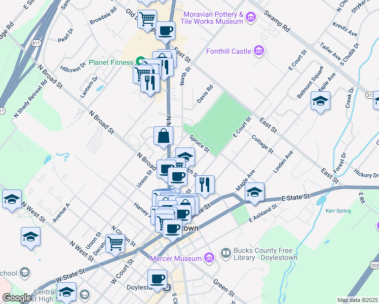 map of restaurants, bars, coffee shops, grocery stores, and more near 155 Selner Lane in Doylestown