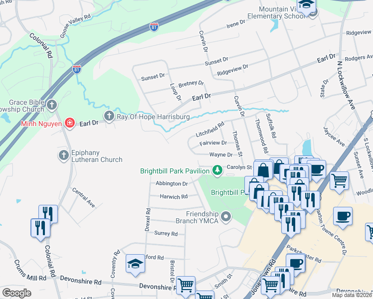 map of restaurants, bars, coffee shops, grocery stores, and more near 133 Litchfield Road in Harrisburg