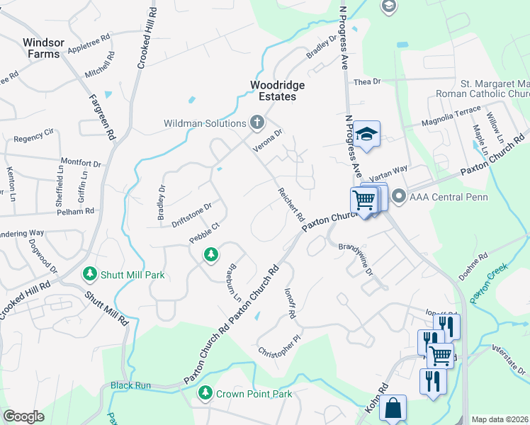 map of restaurants, bars, coffee shops, grocery stores, and more near 2101 Reichert Road in Harrisburg