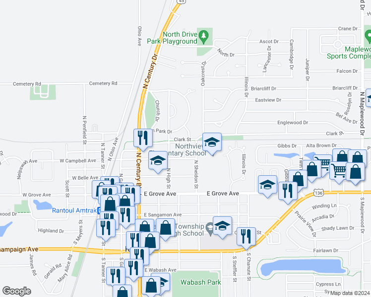 map of restaurants, bars, coffee shops, grocery stores, and more near 424 East Letchworth Avenue in Rantoul
