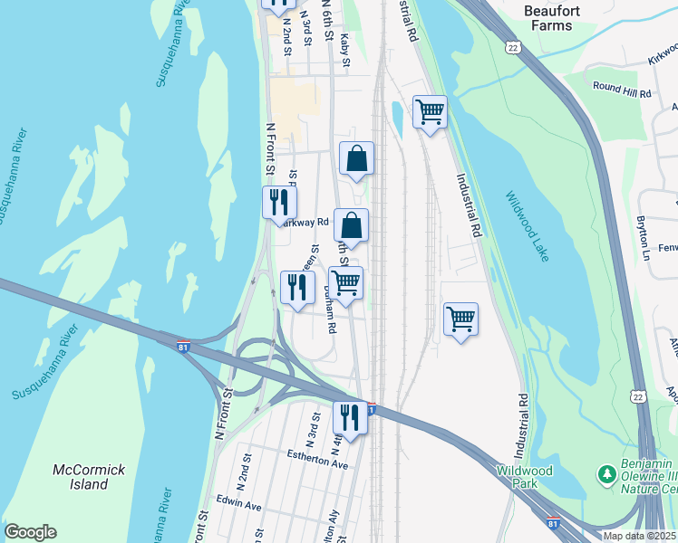 map of restaurants, bars, coffee shops, grocery stores, and more near 3936 North 6th Street in Harrisburg