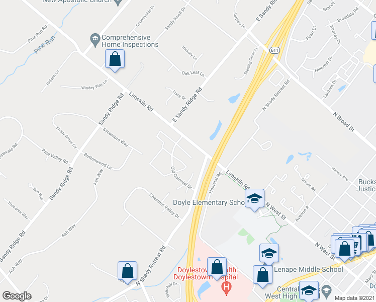 map of restaurants, bars, coffee shops, grocery stores, and more near 23 Gatehouse Lane in Doylestown