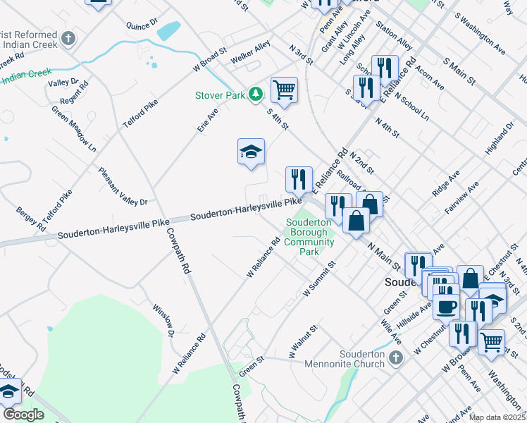 map of restaurants, bars, coffee shops, grocery stores, and more near 135 Harleysville Pike in Souderton