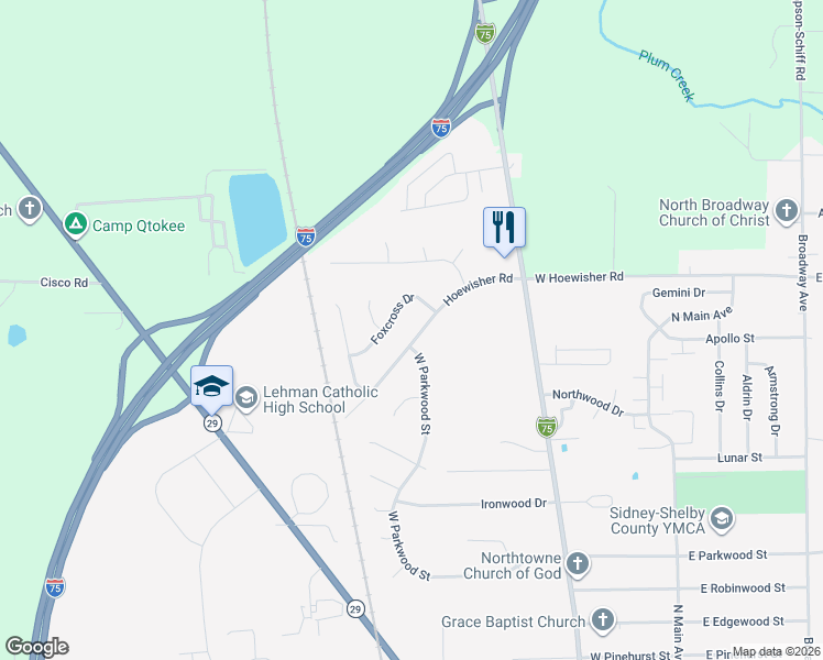 map of restaurants, bars, coffee shops, grocery stores, and more near 537 Foxcross Drive in Sidney