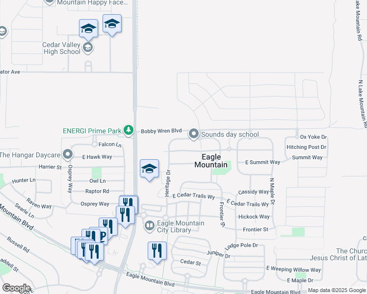 map of restaurants, bars, coffee shops, grocery stores, and more near 1803 East Revere Way in Eagle Mountain