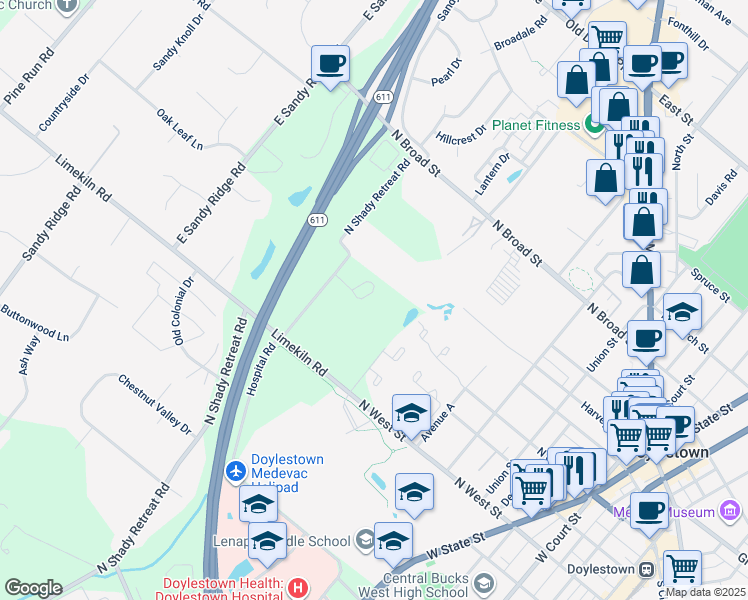 map of restaurants, bars, coffee shops, grocery stores, and more near 414 Mahogany Court in Doylestown