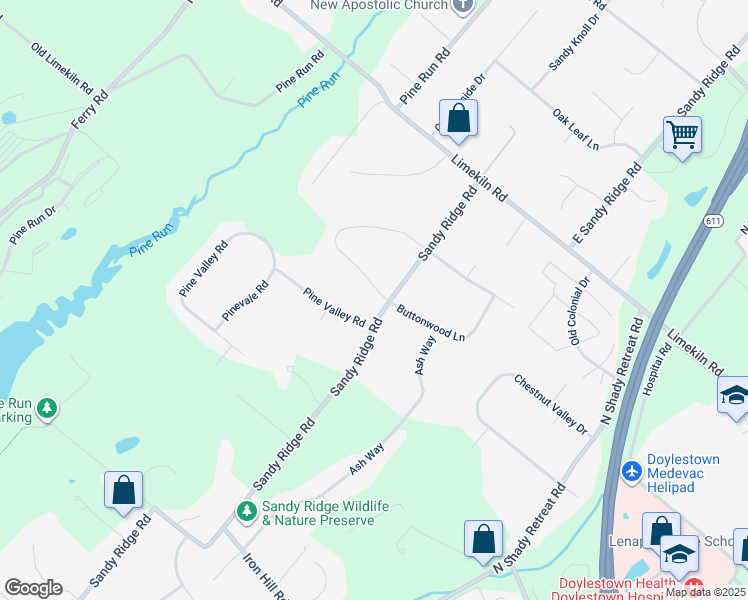 map of restaurants, bars, coffee shops, grocery stores, and more near 596 West Sandy Ridge Road in Doylestown