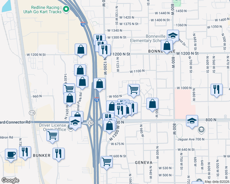 map of restaurants, bars, coffee shops, grocery stores, and more near 1004 North 1090 West Street in Orem
