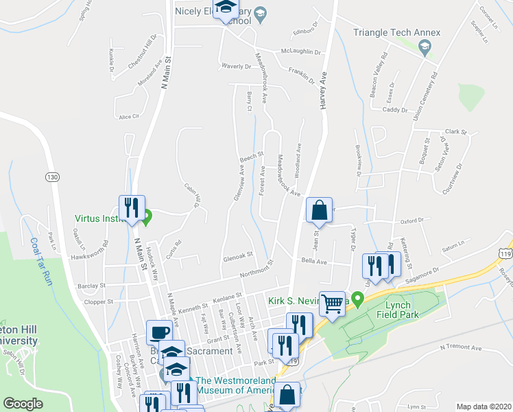 map of restaurants, bars, coffee shops, grocery stores, and more near 23 Forest Avenue in Greensburg