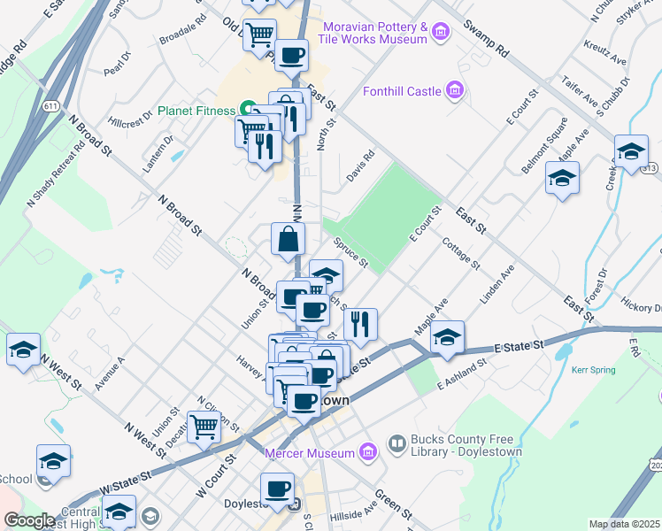 map of restaurants, bars, coffee shops, grocery stores, and more near 155 Selner Lane in Doylestown