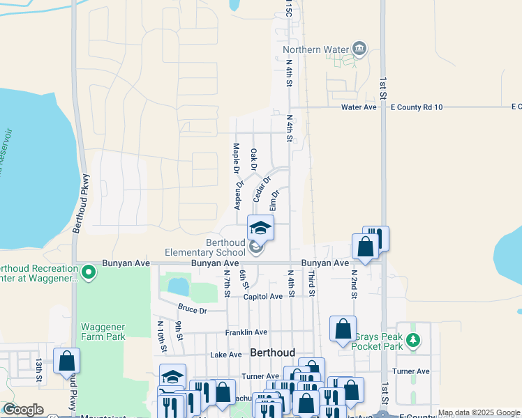 map of restaurants, bars, coffee shops, grocery stores, and more near 1213 Cedar Drive in Berthoud