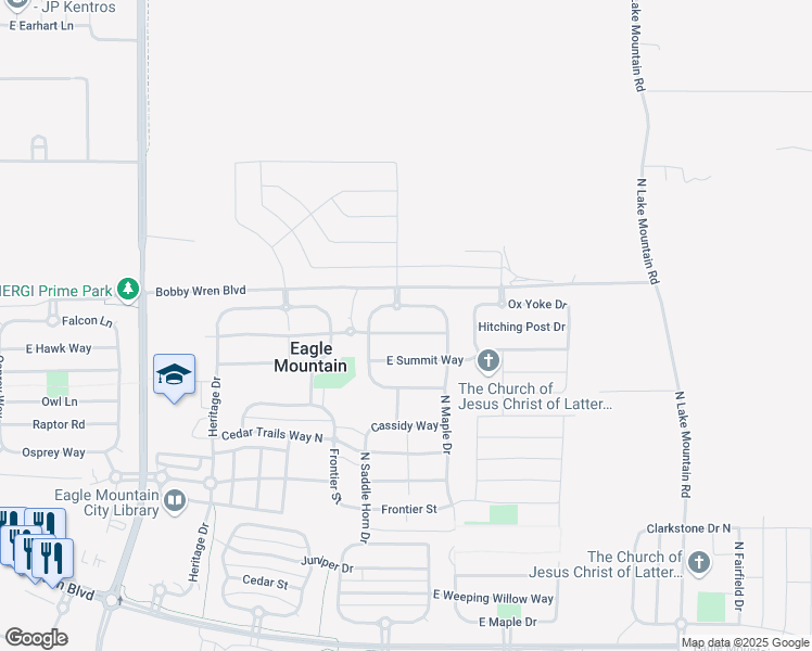 map of restaurants, bars, coffee shops, grocery stores, and more near 2129 Revere Way in Eagle Mountain