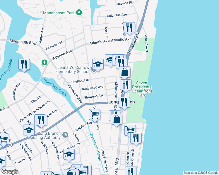 map of restaurants, bars, coffee shops, grocery stores, and more near 284 Clifton Avenue in Long Branch