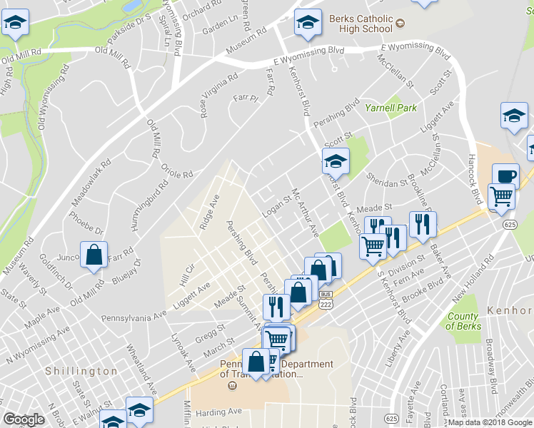 map of restaurants, bars, coffee shops, grocery stores, and more near 1458 Logan Street in Reading