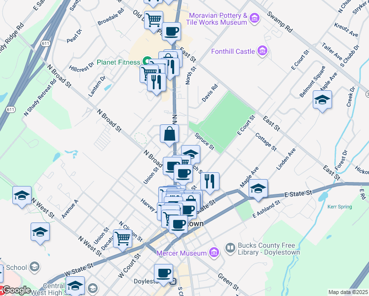 map of restaurants, bars, coffee shops, grocery stores, and more near 145 Selner Lane in Doylestown