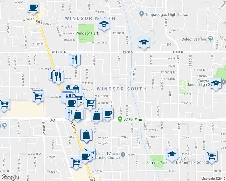 map of restaurants, bars, coffee shops, grocery stores, and more near 985 North Main Street in Orem